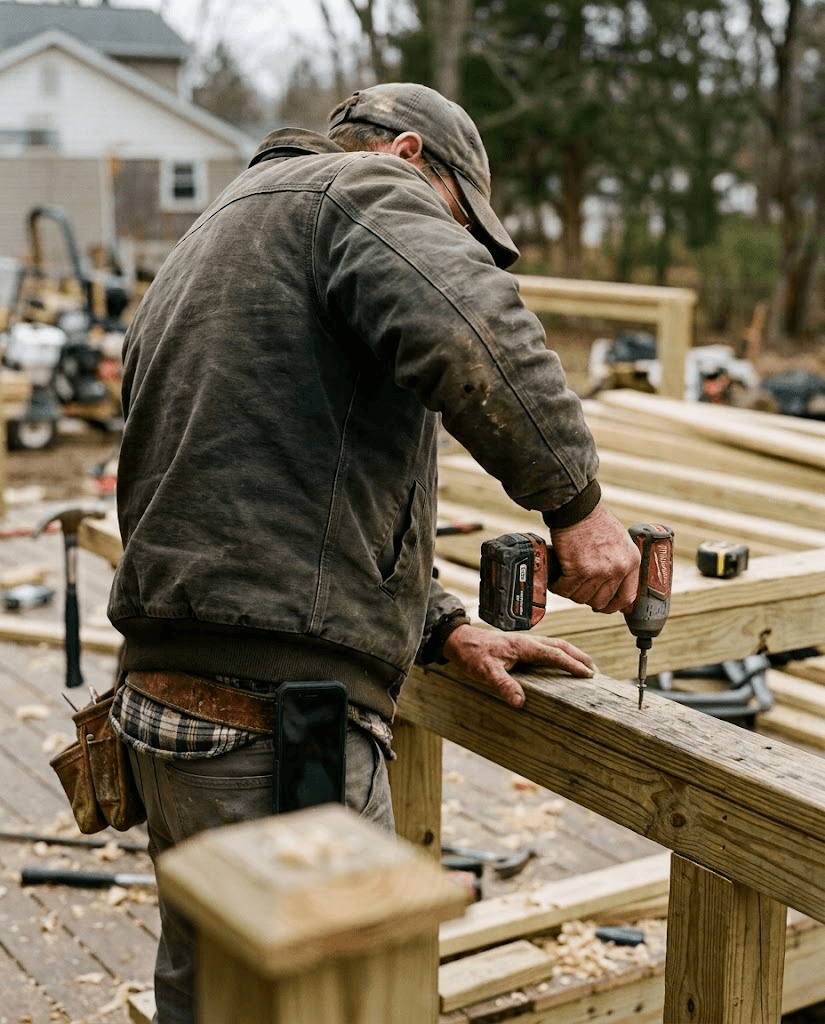 A tradesman building a deck, phone clipped to his belt